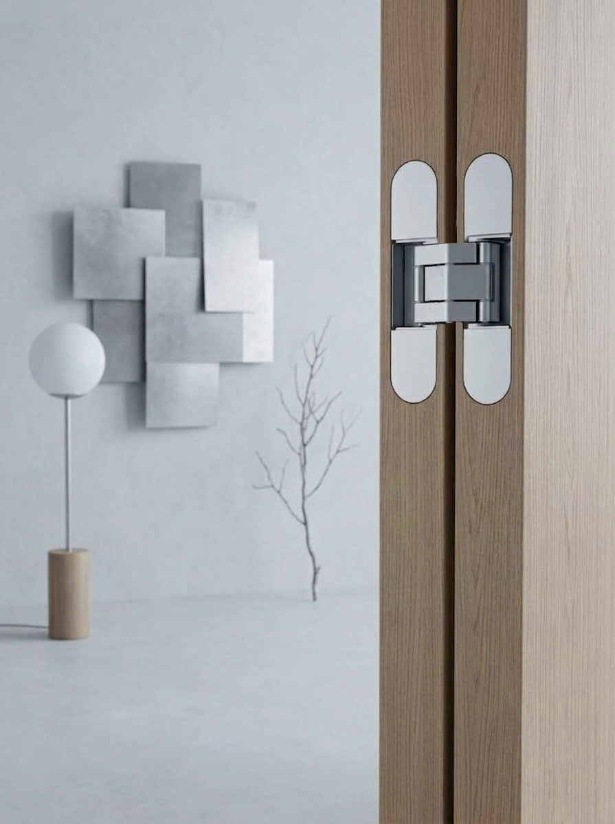 Satin chrome concealed hinge on door